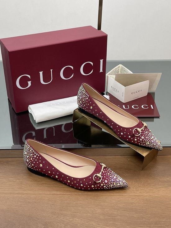 Gucci Rhinestone Decor Pointed Toe Flats Ballet Shoes Leather Sole