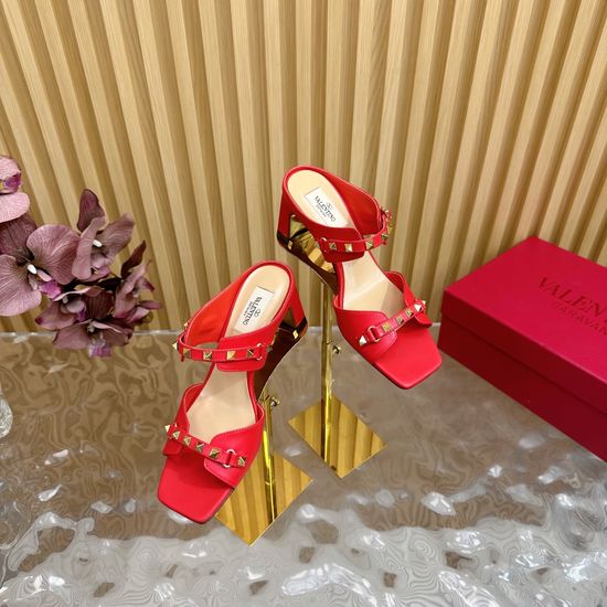Valentino Rhinestone Buckle Rivet Chunky Heel Leather Sandals