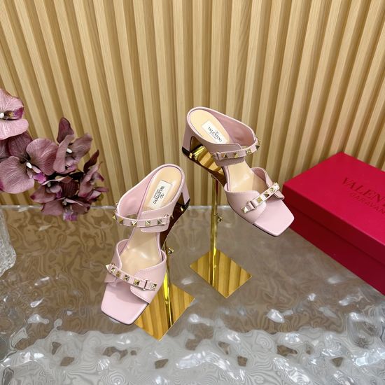 Valentino Rhinestone Buckle Rivet Chunky Heel Leather Sandals