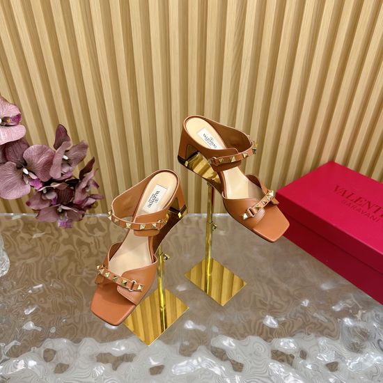 Valentino Rhinestone Buckle Rivet Chunky Heel Leather Sandals