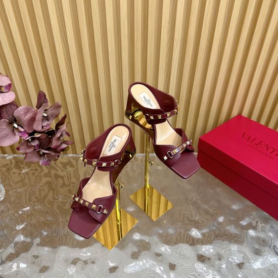 Valentino Rhinestone Buckle Rivet Chunky Heel Leather Sandals