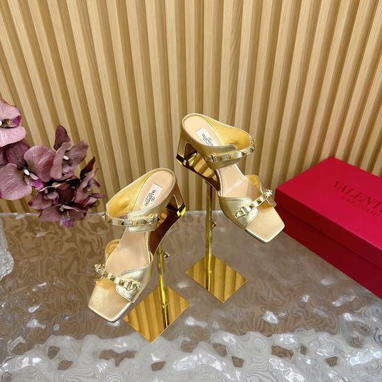 Valentino Rhinestone Buckle Rivet Chunky Heel Leather Sandals