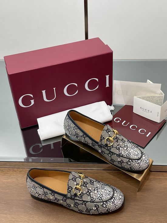 Gucci Rhinestone Embellished Canvas Loafers With Leather Sole