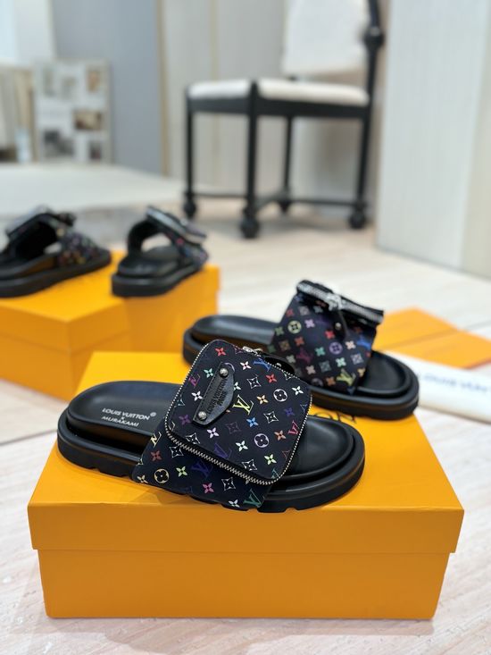 Louis Vuitton Embossed Logo Adjustable Flat Slide Sandals With Soft Insole