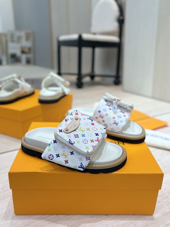 Louis Vuitton Embossed Logo Adjustable Flat Slide Sandals With Soft Insole