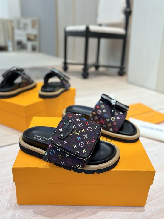 Louis Vuitton Embossed Logo Adjustable Flat Slide Sandals With Soft Insole