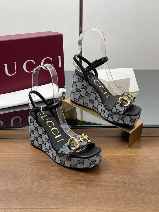 Gucci Square Toe Horsebit Platform Wedge Sandals Premium Sole