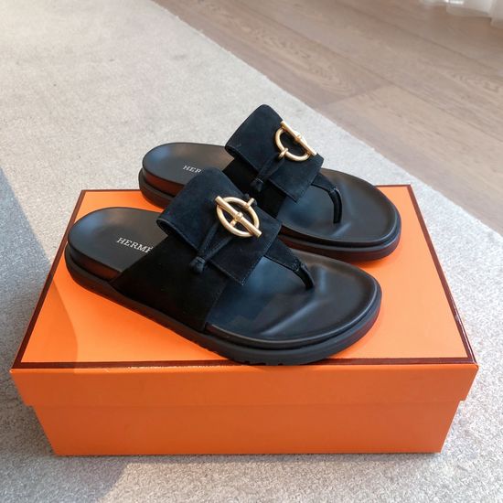 Hermes Colorblock Leather Slippers With Metal Buckle Sole