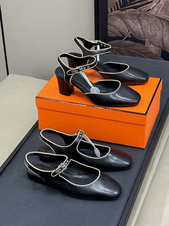 Hermes Leather Mary Jane Heels With Metal Buckle