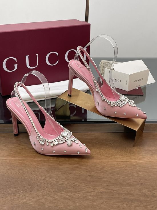 Gucci Satin Pointed Toe Rhinestone High Heel Slingback Sandals