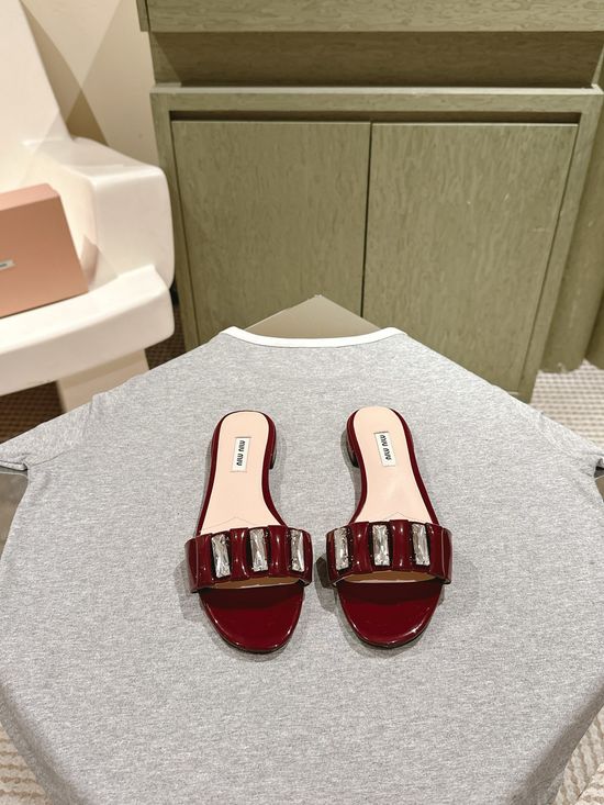 Miu Miu Rhinestone Embroidered Genuine Leather Slippers