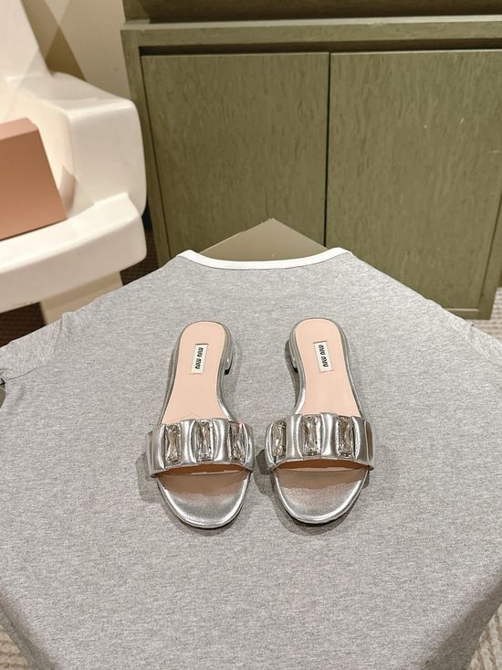 Miu Miu Rhinestone Embroidered Genuine Leather Slippers