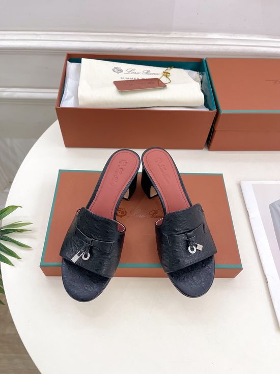 Loro Piana Ostrich Pattern Chunky Heel Slides with Leather Lining