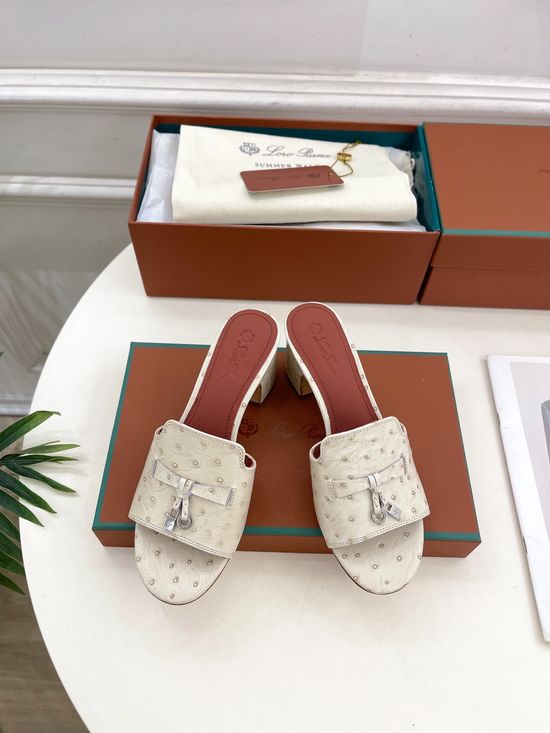 Loro Piana Ostrich Pattern Chunky Heel Slides with Leather Lining