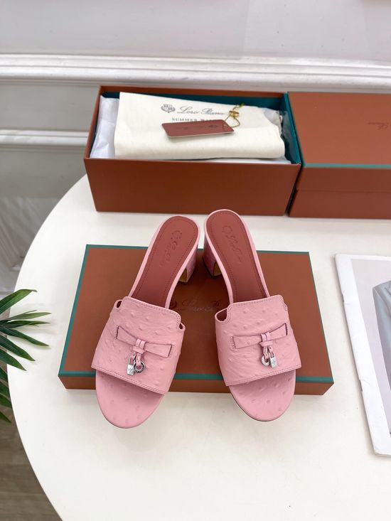 Loro Piana Ostrich Pattern Chunky Heel Slides with Leather Lining