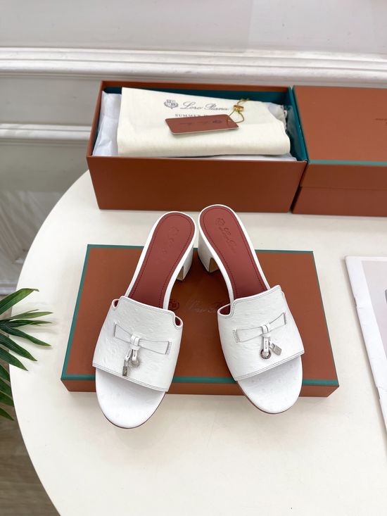 Loro Piana Ostrich Pattern Chunky Heel Slides with Leather Lining
