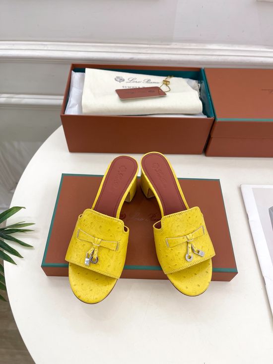 Loro Piana Ostrich Pattern Chunky Heel Slides with Leather Lining