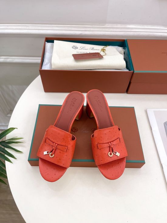 Loro Piana Ostrich Pattern Chunky Heel Slides with Leather Lining