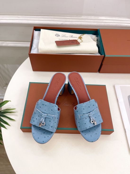 Loro Piana Ostrich Pattern Chunky Heel Slides with Leather Lining