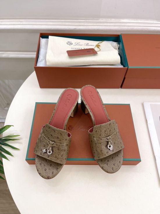 Loro Piana Ostrich Pattern Chunky Heel Slides with Leather Lining