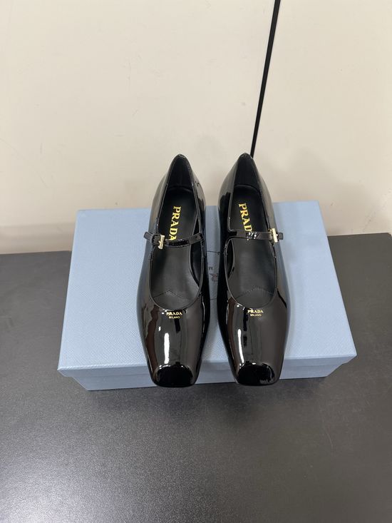 Prada Square Toe Low Heel Leather Flats Comfortable Daily Wear