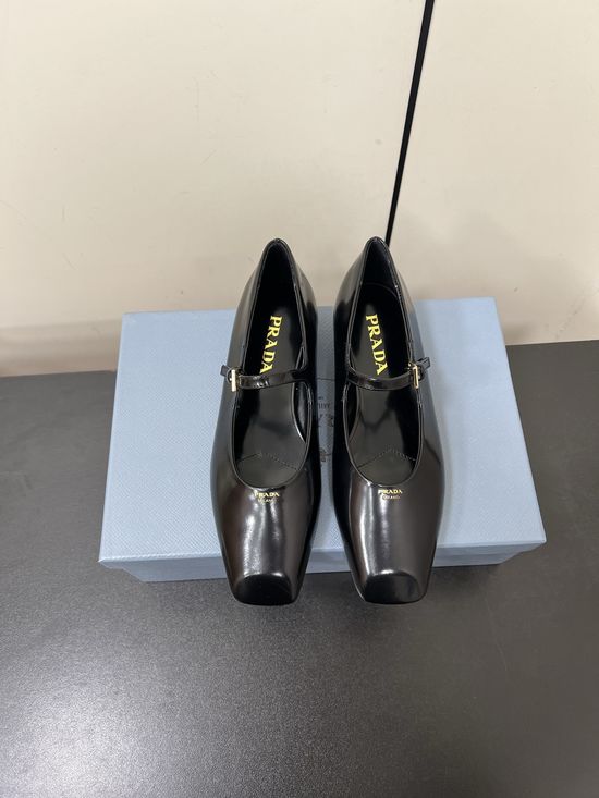 Prada Square Toe Low Heel Leather Flats Comfortable Daily Wear