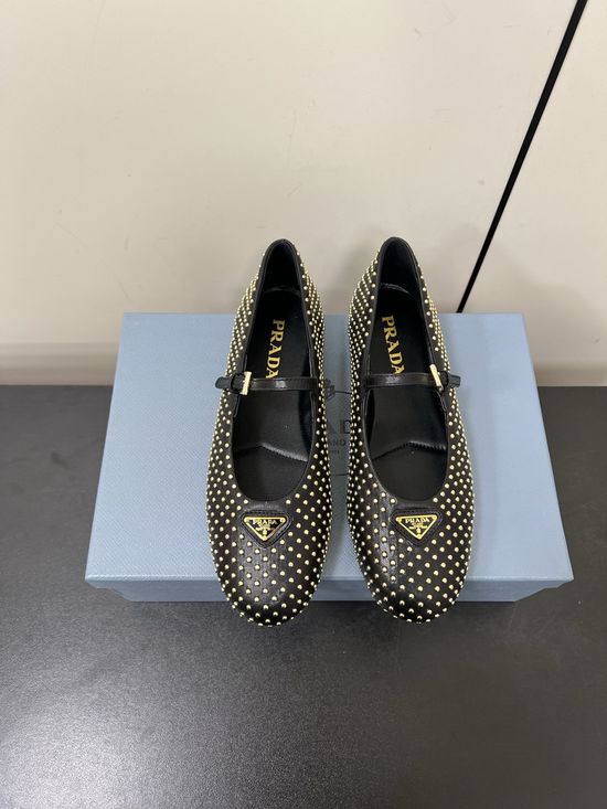 Prada Studded Leather Round Toe Mary Jane Flats