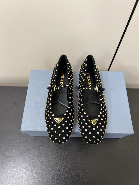 Prada Triangular Buckle Leather Comfortable Mary Jane Flats