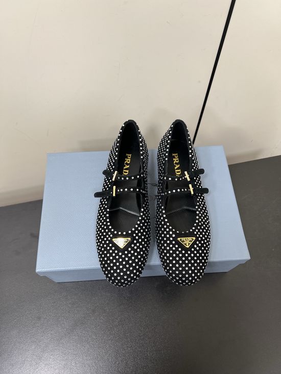 Prada Rhinestone Strap Sheepskin Mary Jane Ballet Flats