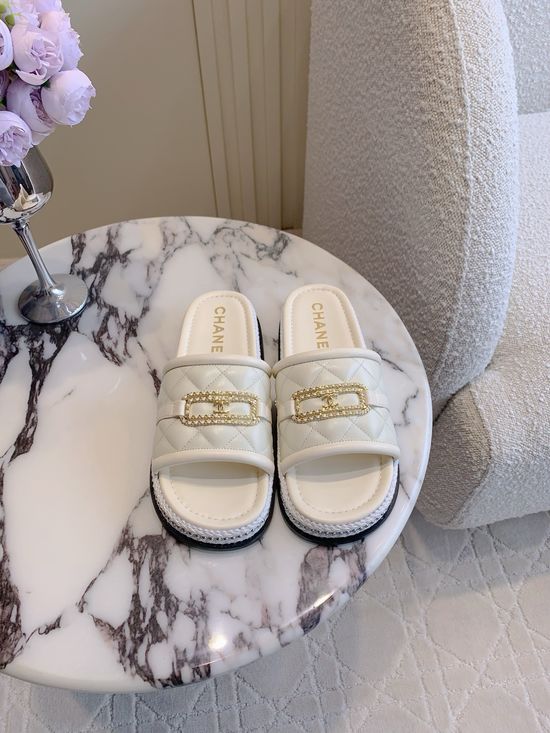 Chanel Quilted Pattern Leather Casual Slides