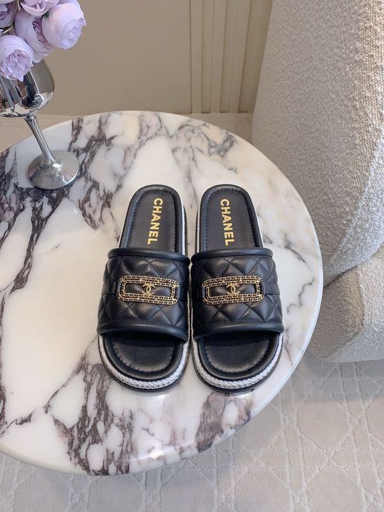 Chanel Quilted Pattern Leather Casual Slides