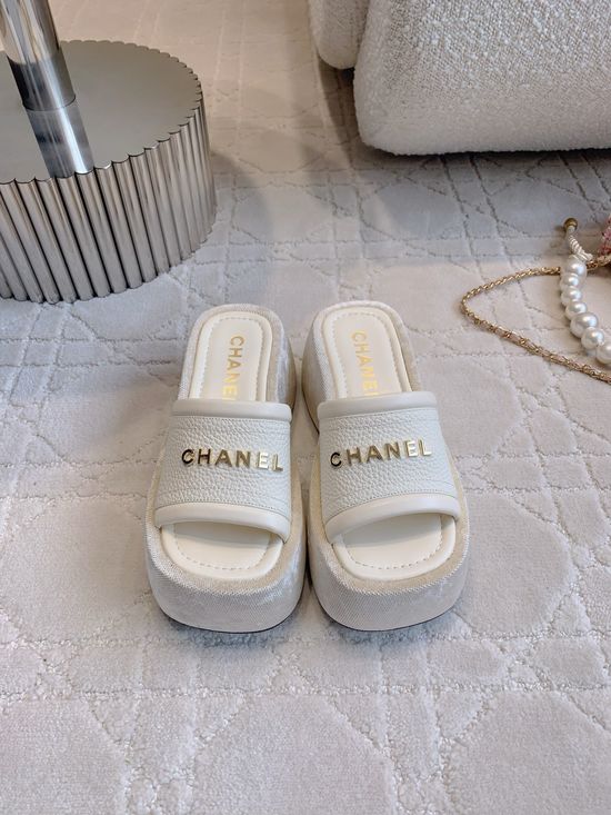 Chanel Thick Sole Platform Wedge Slides Comfortable Height Boosting Casual Footwear