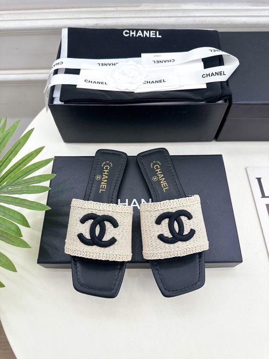 Chanel Woven Upper Square Toe Flat Slides