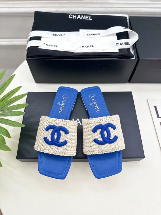 Chanel Woven Upper Square Toe Flat Slides