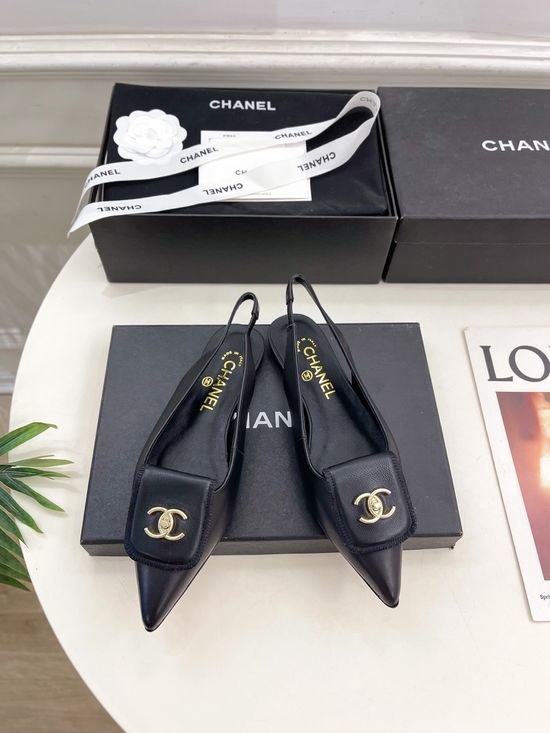 Chanel Buckle Decor Pointed Toe Flat Casual Sandals