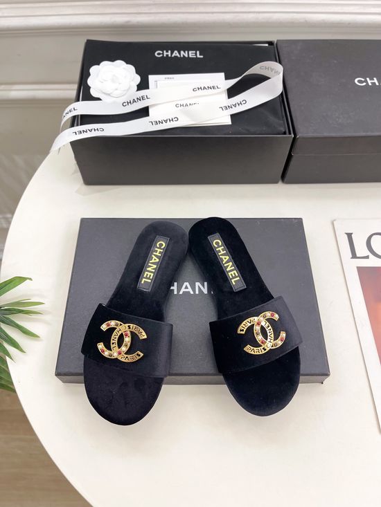 Chanel Jeweled Buckle Velvet Slip On Mules