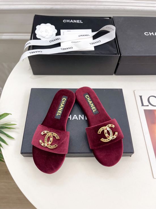 Chanel Jeweled Buckle Velvet Slip On Mules