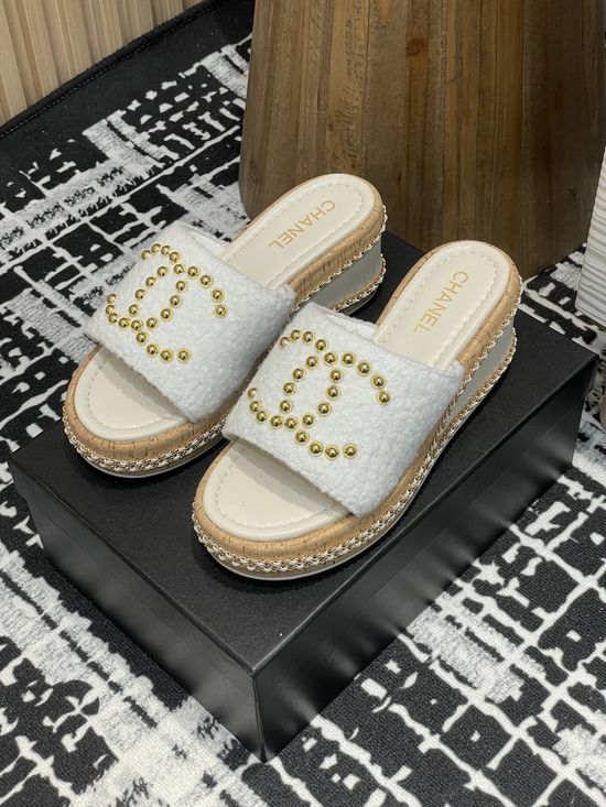 Chanel Woolen Thick Sole Wedge Slide Sandals With Metal Buckle