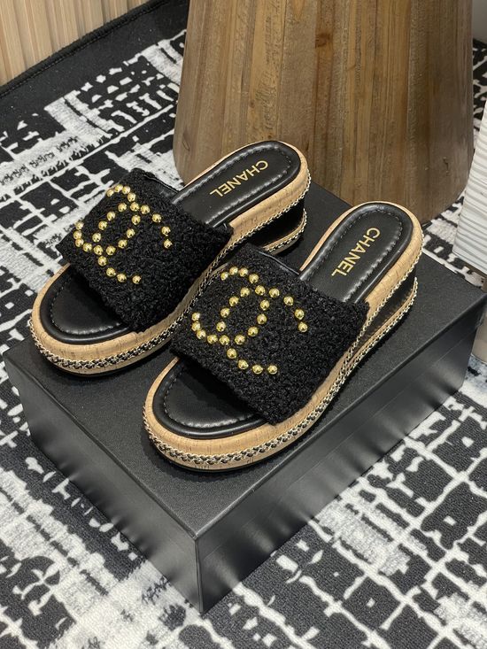Chanel Woolen Thick Sole Wedge Slide Sandals With Metal Buckle