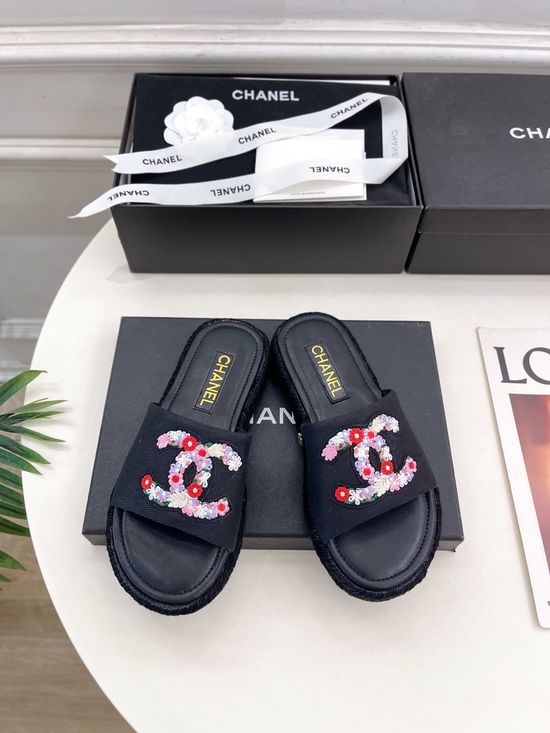 Chanel Embroidered Slip On Slides with Rubber Sole