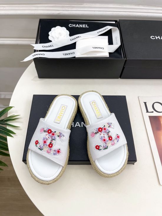 Chanel Embroidered Slip On Slides with Rubber Sole