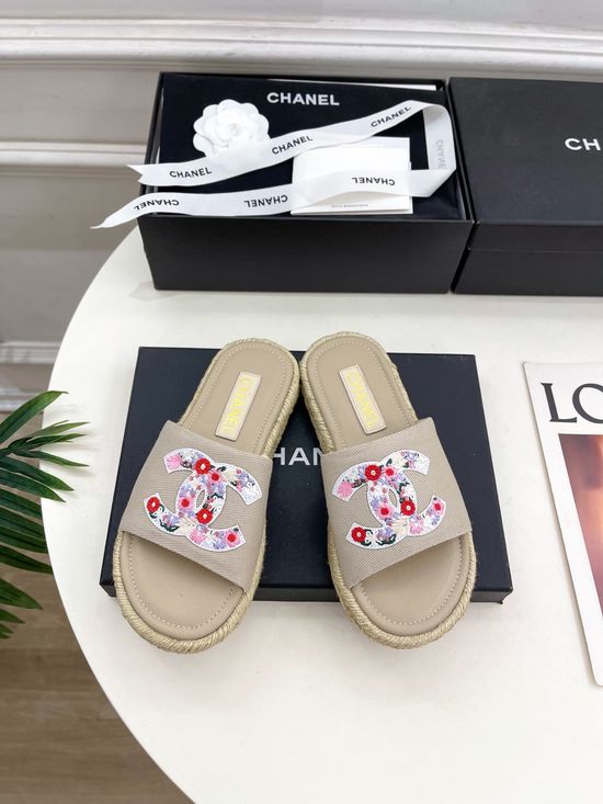 Chanel Embroidered Slip On Slides with Rubber Sole