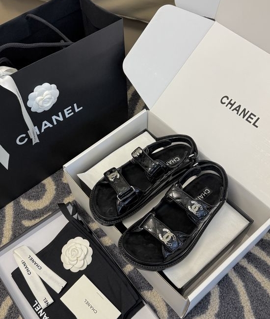 Chanel Rhinestone Embellished Patent Leather Beach Sandals