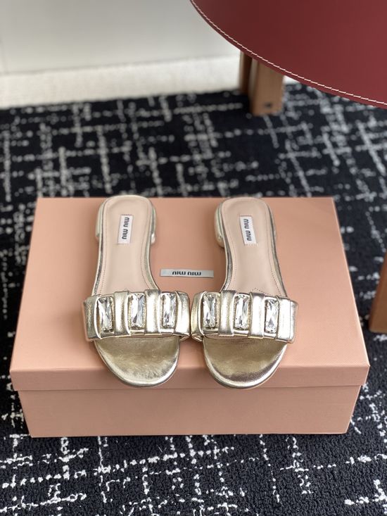 Miu Miu Rhinestone Buckle Slides Soft Sheepskin Leather Outsole