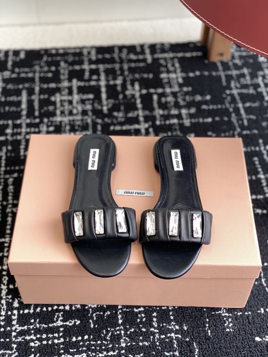 Miu Miu Rhinestone Buckle Slides Soft Sheepskin Leather Outsole