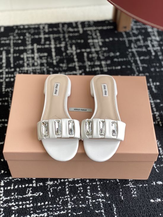 Miu Miu Rhinestone Buckle Slides Soft Sheepskin Leather Outsole