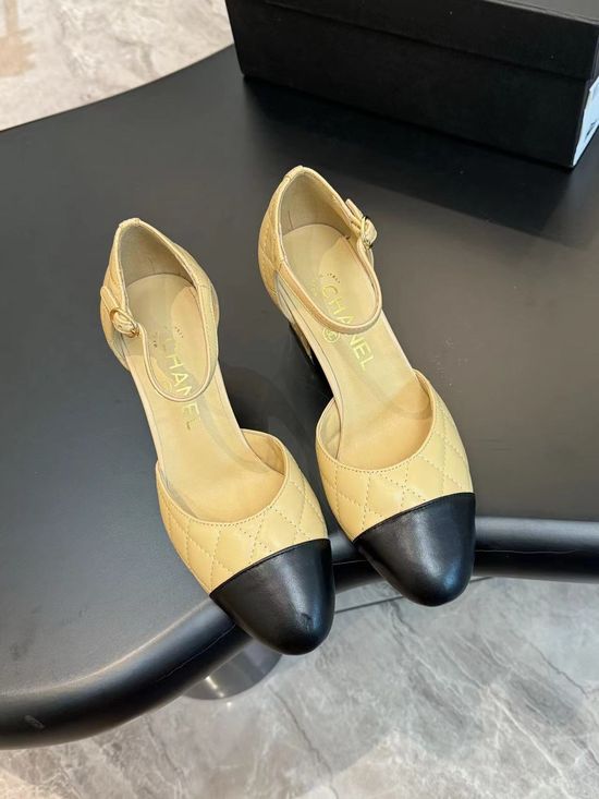 Chanel Elegant Chunky Heel Sheepskin Leather Dress Shoes