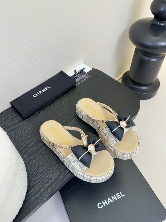 Chanel Velvet Platform Flip Flops with Leather Insole