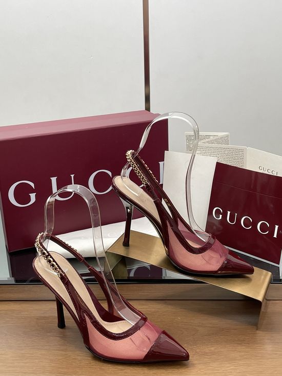 Gucci Mesh Stitching Kitten Heel Sandals With Chain Decor