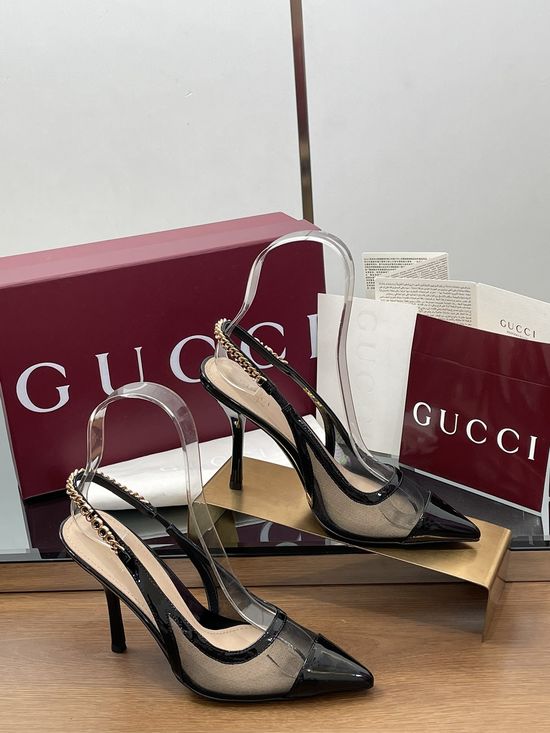 Gucci Mesh Stitching Kitten Heel Sandals With Chain Decor